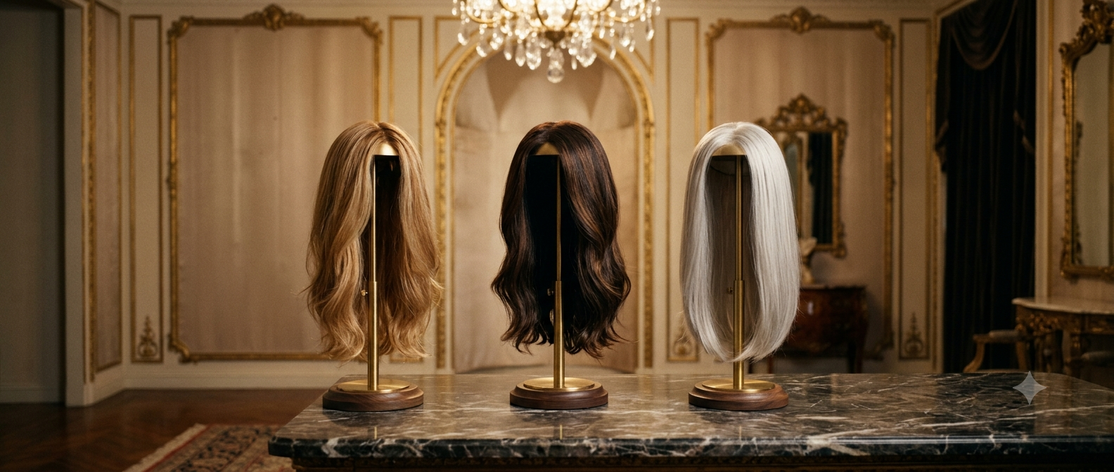 Three MK wigs displayed in an elegant salon